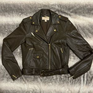 Michael Kors Belted Leather Moto Jacket, size medium